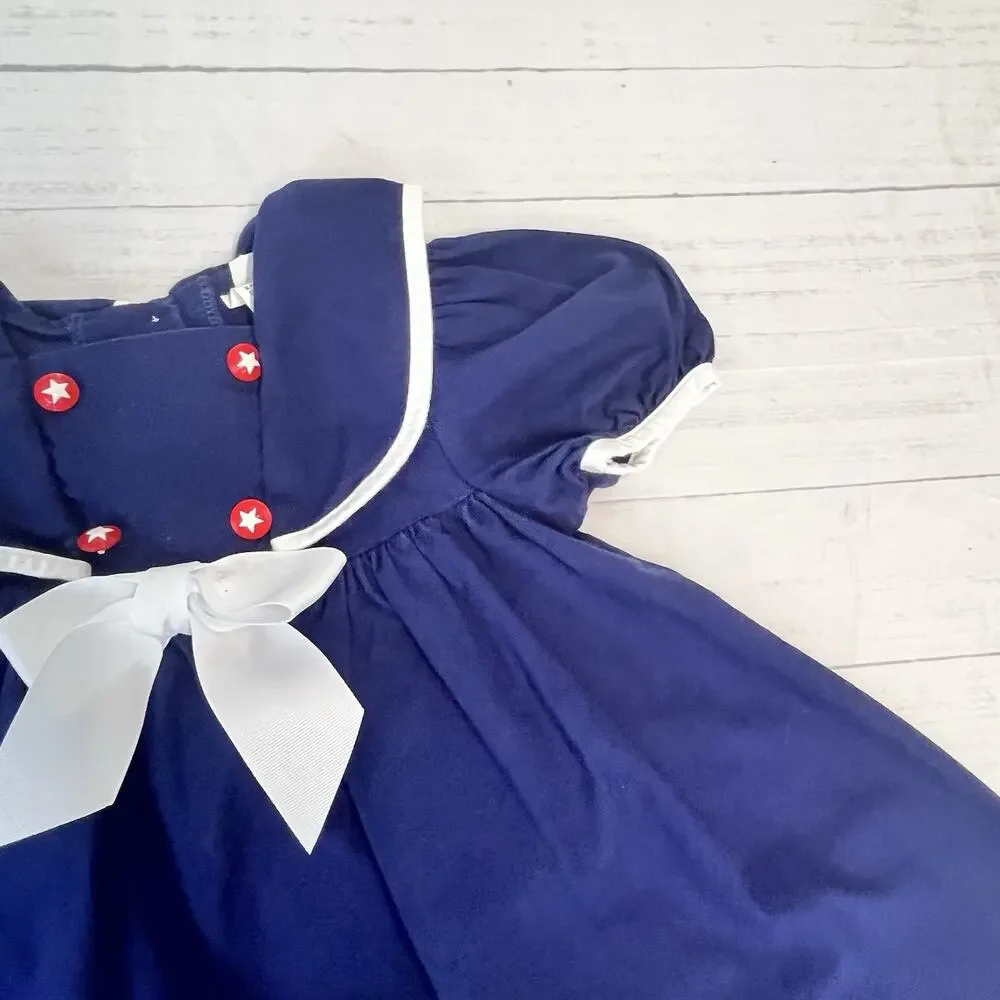 Vintage Girl's Dress Pretty As A Picture size 3T Navy Blue White Sailor Nautical